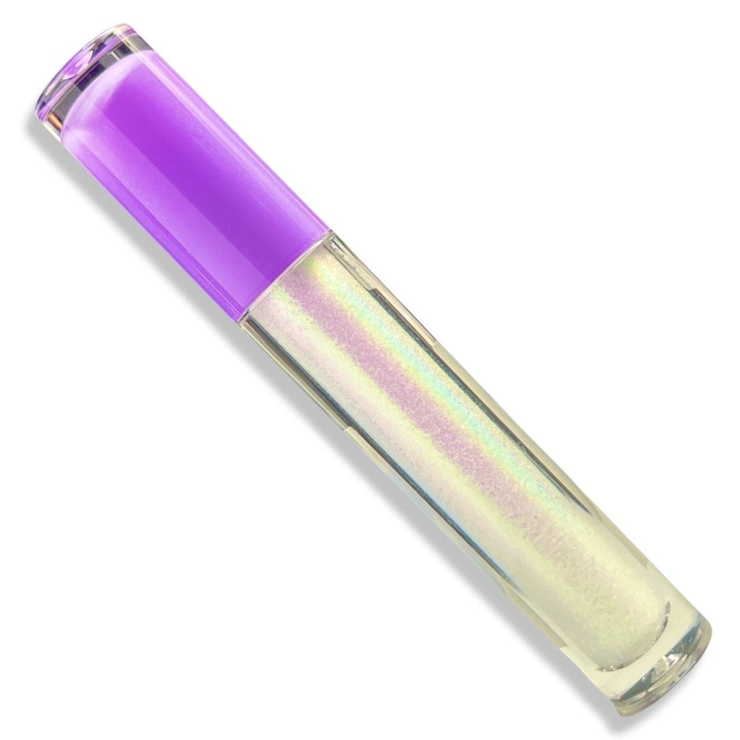 A tube of iridescent holographic lip gloss with a translucent purple cap, shown diagonally on a white background.
