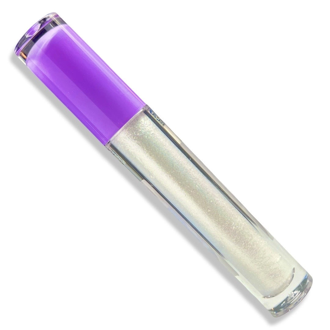 A clear tube of lip gloss or liquid lipstick with a vibrant purple cap, showing a shimmering iridescent silver-white product inside, set against a plain white background.