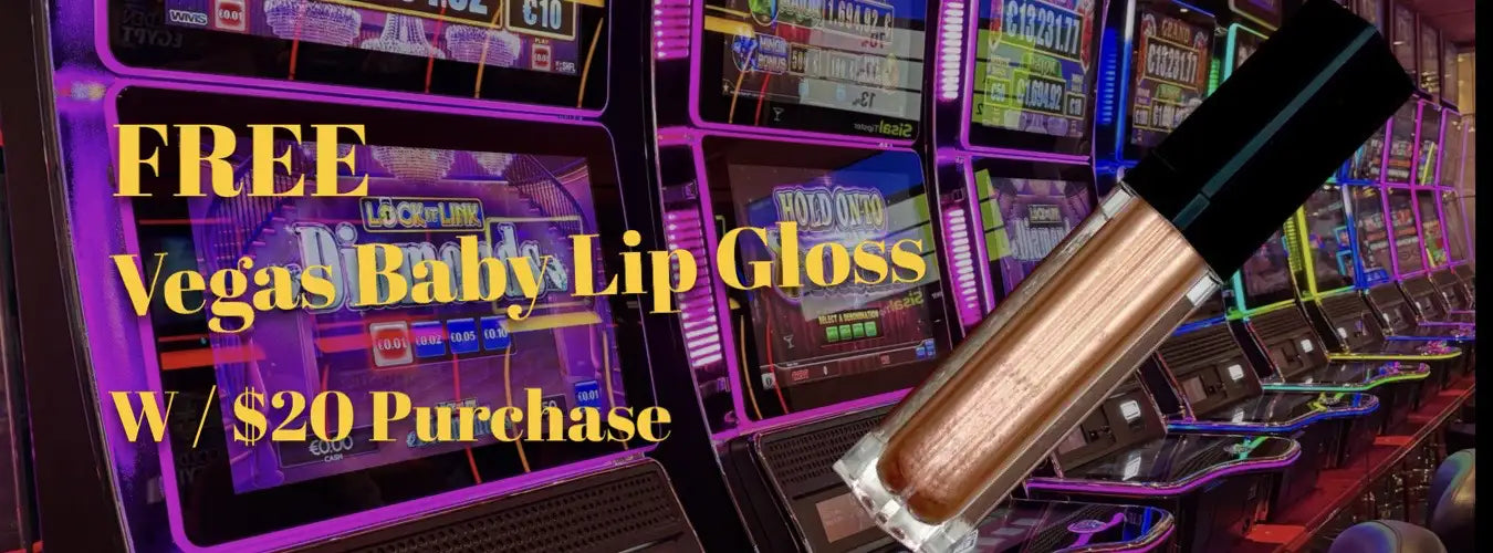 Lip gloss with slot machine background and promotional text