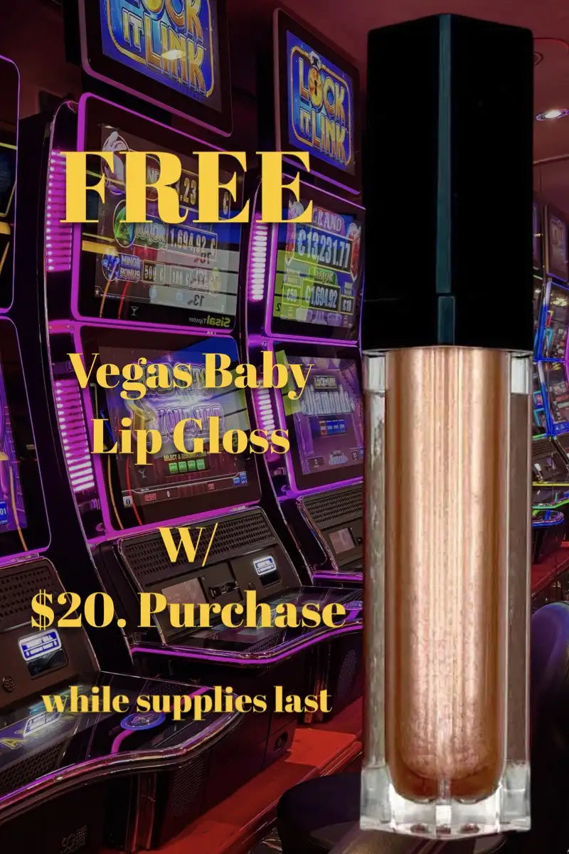 Lip gloss with slot machine background and promotional text