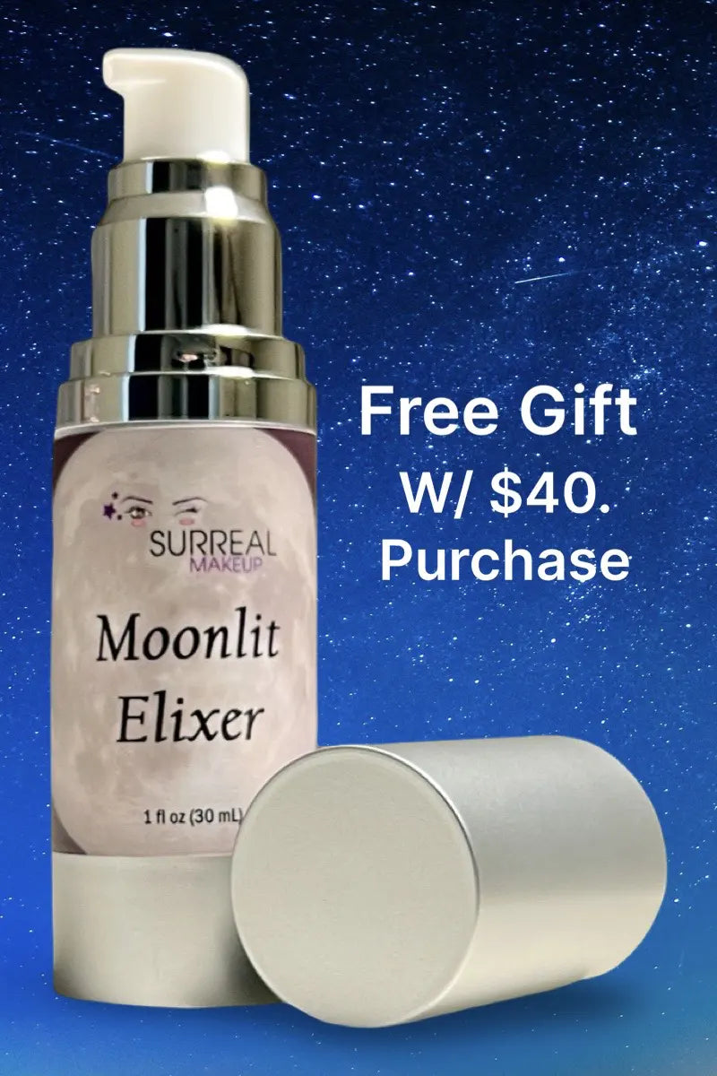 Surreal Skincare Moonlit Elixer bottle with a free gift offer on a starry night background