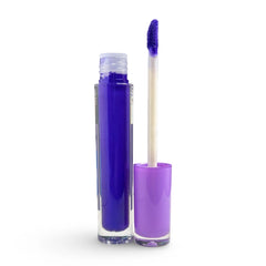 A tube of lip gloss or liquid lipstick in a vivid deep purple, shown open with the applicator wand resting beside it on a clean white background.