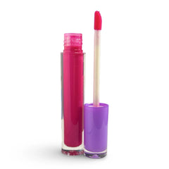 A clear cylindrical lip gloss tube filled with bright magenta pink gloss, shown open with the cap beside it on a white background. The cap is filled with a purple material and the applicator wand has a pink tip.