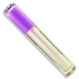A tube of iridescent holographic lip gloss with a translucent purple cap, shown diagonally on a white background.