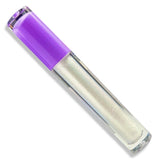 A clear tube of lip gloss or liquid lipstick with a vibrant purple cap, showing a shimmering iridescent silver-white product inside, set against a plain white background.