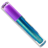 A clear lip gloss tube with a translucent purple cap, showing a shimmering blue-to-teal holographic liquid inside, set against a plain white background.