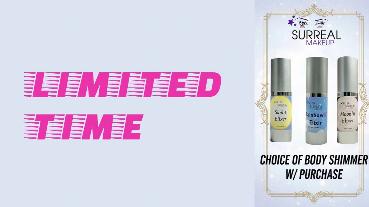 Promotional graphic for Surreal Makeup body shimmers with three product bottles shown on the right and large pink text reading 'LIMITED TIME' on a pale blue background.