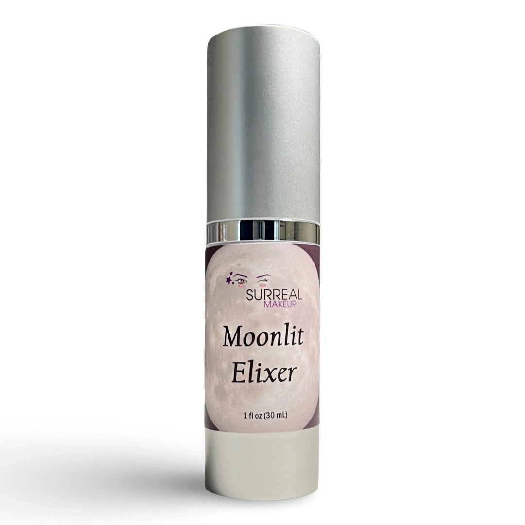 Skincare bottle labeled 'Moonlit Elixir' by Surreal Skincare on a white background