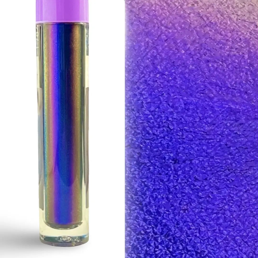 A clear cylindrical tube with a lavender-purple cap containing an iridescent holographic shimmer, shown beside a close-up textured swatch of the same color shifting material.