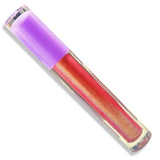 A tube of shimmering liquid lip gloss or lipstick with a translucent purple cap, showing a pinkish-red color with gold shimmer inside a clear tube, set against a plain white background.