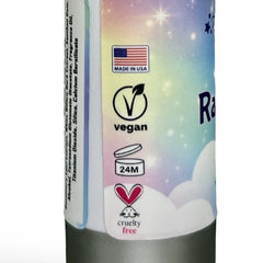 Rainbowlit Elixir product container with a pastel rainbow label featuring stars, clouds, and certification icons including 'Made in USA', 'Vegan', '24M', and 'Cruelty Free'.