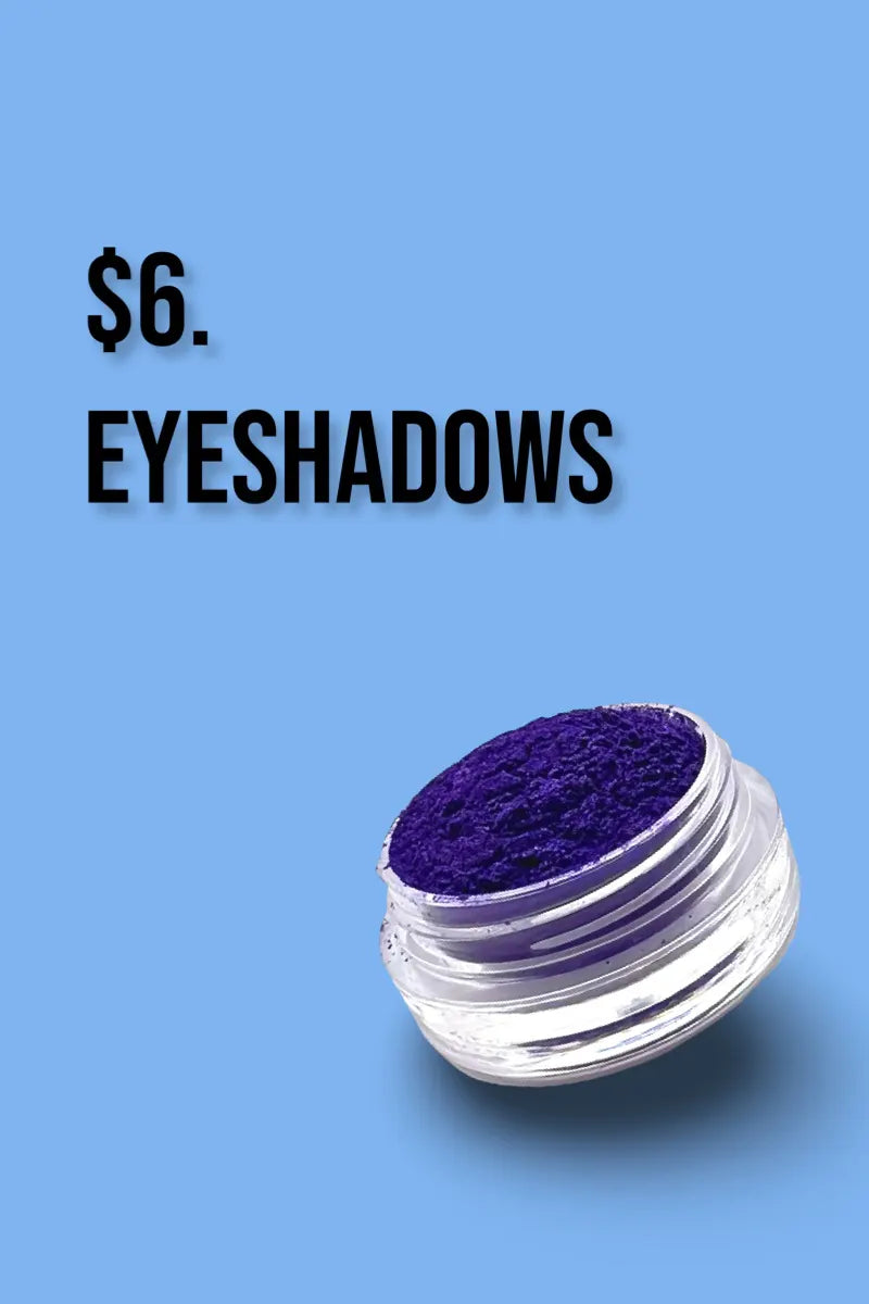 Purple eyeshadow in a small container on a blue background with text indicating price and product type.