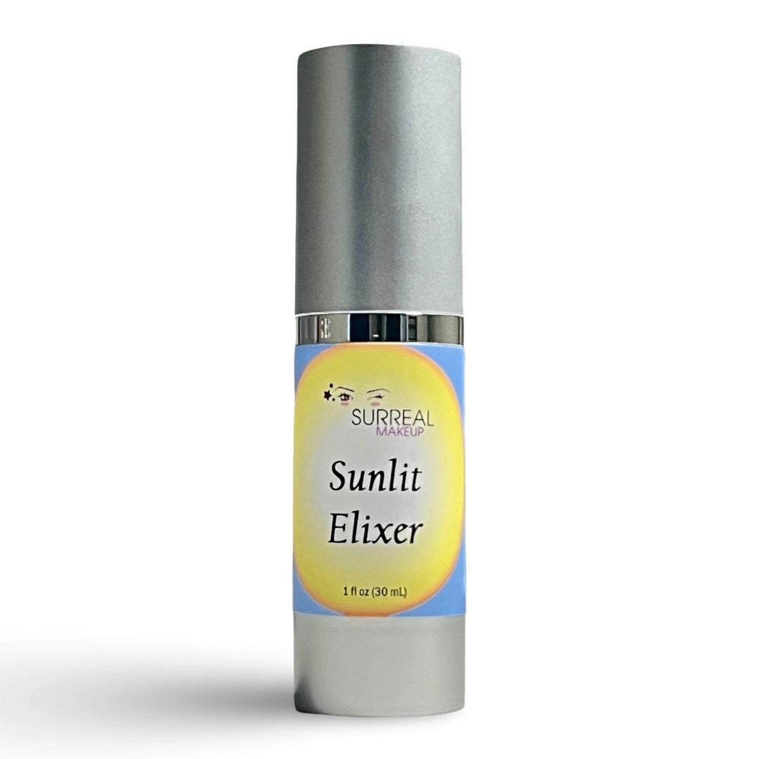 Silver bottle labeled 'Sunlit Elixer' with a yellow label on a white background